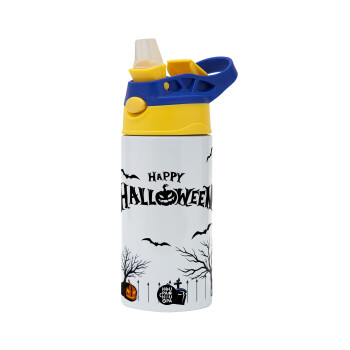 Happy Halloween cemetery, Children's hot water bottle, stainless steel, with safety straw, green, blue (360ml) BPA FREE