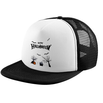 Happy Halloween cemetery, Adult Soft Trucker Hat with Black/White Mesh (POLYESTER, ADULT, UNISEX, ONE SIZE)