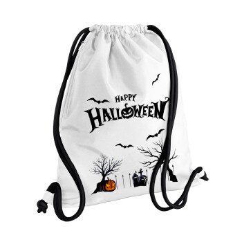 Happy Halloween cemetery, Backpack pouch GYMBAG white, with pocket (40x48cm) & thick cords