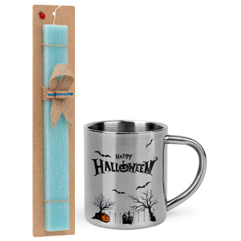 Happy Halloween cemetery, Easter Set, metallic thermal cup (300ml) & aromatic flat Easter candle (30cm) (TURQUOISE)