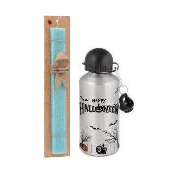 Happy Halloween cemetery, Easter Set, metallic silver aluminum water bottle (500ml) & scented flat Easter candle (30cm) (TURQUOISE)