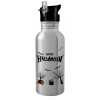 Water bottle Silver with straw, stainless steel 600ml