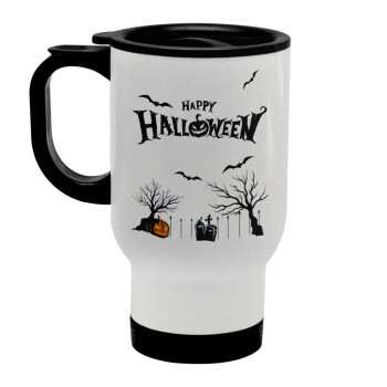 Happy Halloween cemetery, Stainless steel travel mug with lid, double wall white 450ml