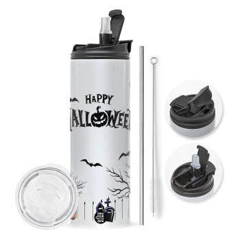 Happy Halloween cemetery, Travel Tumbler θερμό με διπλό καπάκι, μεταλλικό καλαμάκι και βούρτσα καθαρισμού (Ανωξείδωτο 304 Food grade, BPA free, 600ml)