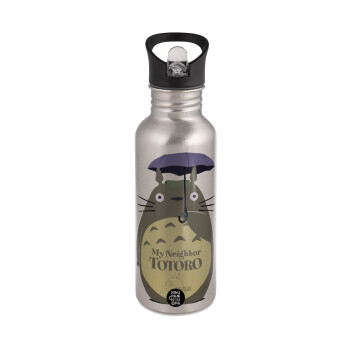 Totoro from My Neighbor Totoro, Water bottle Silver with straw, stainless steel 600ml