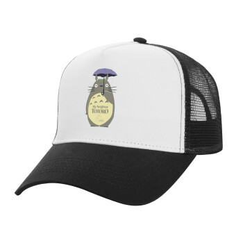 Totoro from My Neighbor Totoro, Adult Structured Trucker Hat, with Mesh, WHITE/BLACK (100% COTTON, ADULT, UNISEX, ONE SIZE)