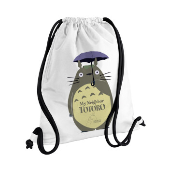 Totoro from My Neighbor Totoro, Τσάντα πλάτης πουγκί GYMBAG λευκή, με τσέπη (40x48cm) & χονδρά κορδόνια