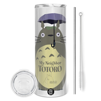 Totoro from My Neighbor Totoro, Tumbler ποτήρι θερμό από ανοξείδωτο ατσάλι 600ml, με μεταλλικό καλαμάκι & βούρτσα καθαρισμού