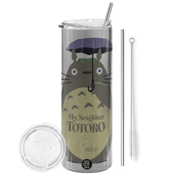 Totoro from My Neighbor Totoro, Tumbler stainless steel Silver 600ml, with metal straw & cleaning brush