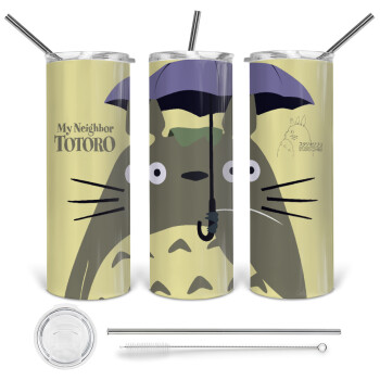 Totoro from My Neighbor Totoro, 360 Eco friendly ποτήρι θερμό (tumbler) από ανοξείδωτο ατσάλι 600ml, με μεταλλικό καλαμάκι & βούρτσα καθαρισμού