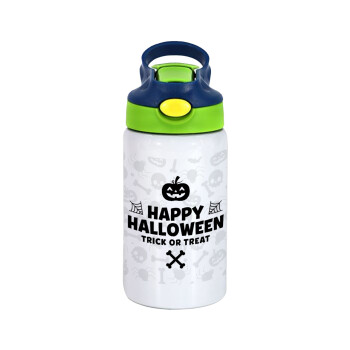 Happy Halloween pumpkin, Children's hot water bottle, stainless steel, with safety straw, green, blue (350ml)
