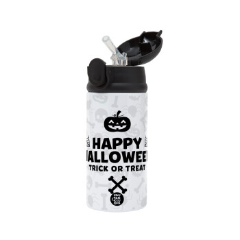 Happy Halloween pumpkin, Children's hot water bottle, stainless steel, with safety straw, Black (360ml) BPA-FREE