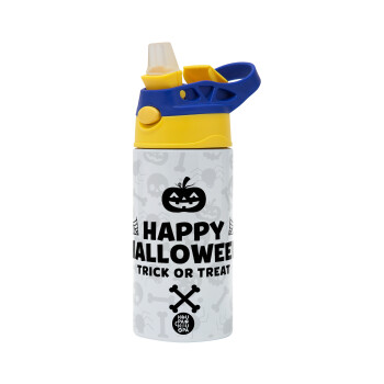 Happy Halloween pumpkin, Children's hot water bottle, stainless steel, with safety straw, green, blue (360ml) BPA FREE