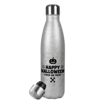 Happy Halloween pumpkin, Metallic Glitter Silver Thermos Flask (Stainless steel), double-walled, 500ml