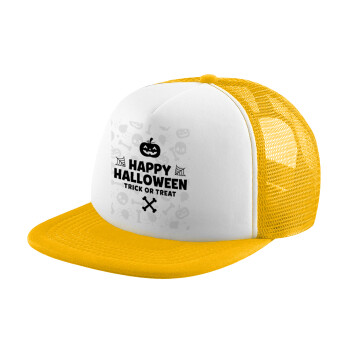 Happy Halloween pumpkin, Καπέλο Ενηλίκων Soft Trucker με Δίχτυ Κίτρινο/White (POLYESTER, ΕΝΗΛΙΚΩΝ, UNISEX, ONE SIZE)