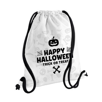 Happy Halloween pumpkin, Τσάντα πλάτης πουγκί GYMBAG λευκή, με τσέπη (40x48cm) & χονδρά κορδόνια