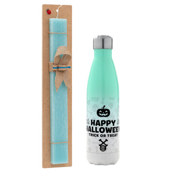 Happy Halloween pumpkin, Easter Set, Metallic green/white thermos (Stainless steel), double-walled, 500ml & scented flat Easter candle (30cm) (TURQUOISE)