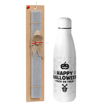 Happy Halloween pumpkin, Easter Set, metallic Inox water bottle (700ml) & Easter scented flat candle (30cm) (GRAY)