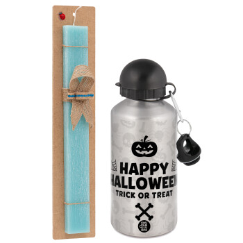 Happy Halloween pumpkin, Easter Set, metallic silver aluminum water bottle (500ml) & scented flat Easter candle (30cm) (TURQUOISE)