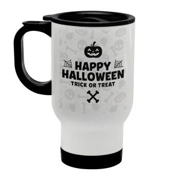 Happy Halloween pumpkin, Stainless steel travel mug with lid, double wall white 450ml