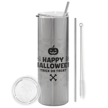 Happy Halloween pumpkin, Eco friendly ποτήρι θερμό Ασημένιο (tumbler) από ανοξείδωτο ατσάλι 600ml, με μεταλλικό καλαμάκι & βούρτσα καθαρισμού