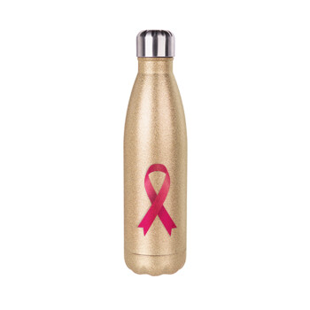 World cancer day, Μεταλλικό παγούρι θερμός Glitter χρυσό (Stainless steel), διπλού τοιχώματος, 500ml