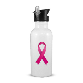 World cancer day, White water bottle with straw, stainless steel 600ml