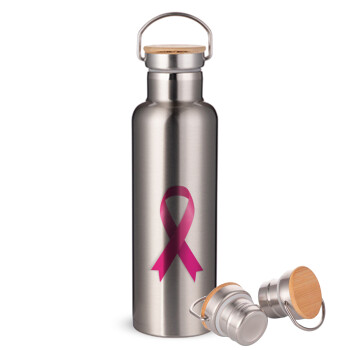 World cancer day, Stainless steel Silver with wooden lid (bamboo), double wall, 750ml