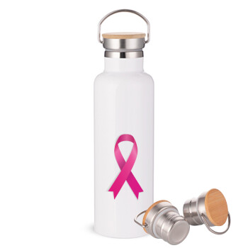 World cancer day, Stainless steel White with wooden lid (bamboo), double wall, 750ml