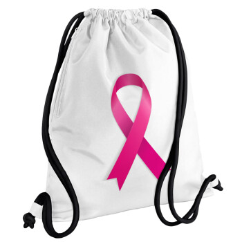 World cancer day, Τσάντα πλάτης πουγκί GYMBAG λευκή, με τσέπη (40x48cm) & χονδρά κορδόνια