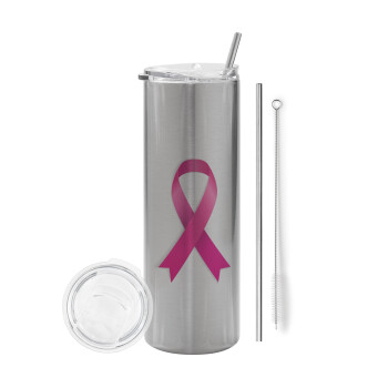 World cancer day, Tumbler stainless steel Silver 600ml, with metal straw & cleaning brush