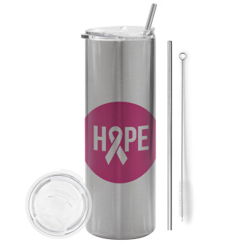 HOPE, Eco friendly ποτήρι θερμό Ασημένιο (tumbler) από ανοξείδωτο ατσάλι 600ml, με μεταλλικό καλαμάκι & βούρτσα καθαρισμού