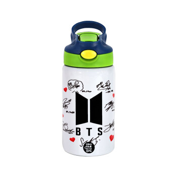 BTS signs, Children's hot water bottle, stainless steel, with safety straw, green, blue (350ml)
