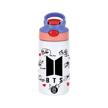 BTS signs, Children's hot water bottle, stainless steel, with safety straw, pink/purple (350ml)