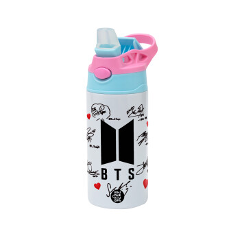 BTS signs, Children's hot water bottle, stainless steel, with safety straw, Pink/BlueCiel (360ml) BPA FREE