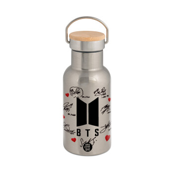 BTS signs, Stainless steel metallic thermos flask, silver with a bamboo lid, double-walled, 350ml.