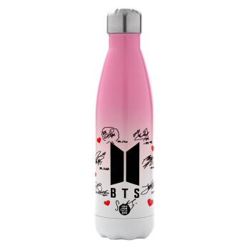 BTS signs, Metal mug thermos Pink/White (Stainless steel), double wall, 500ml