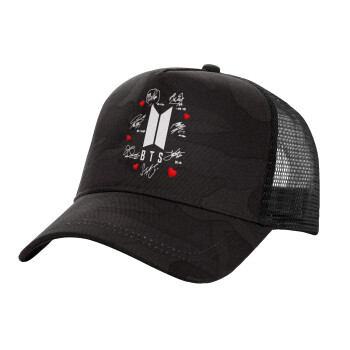 BTS signs, Adult Structured Trucker Hat, with Mesh, Dark Army (100% COTTON, ADULT, UNISEX, ONE SIZE)