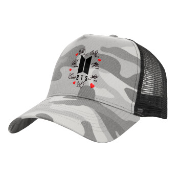 BTS signs, Adult Structured Trucker Hat, with Mesh, (Camouflage) Army Camo (100% COTTON, ADULT, UNISEX, ONE SIZE)