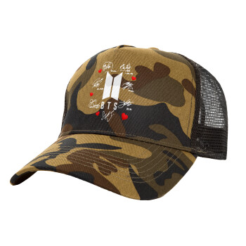 BTS signs, Adult Structured Trucker Hat, with Mesh, (Camouflage) Army (100% COTTON, ADULT, UNISEX, ONE SIZE)