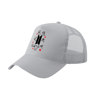 BTS signs, Adult Structured Trucker Hat, with Mesh, GRAY (100% COTTON, ADULT, UNISEX, ONE SIZE)