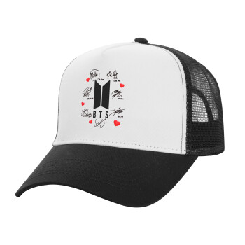 BTS signs, Adult Structured Trucker Hat, with Mesh, WHITE/BLACK (100% COTTON, ADULT, UNISEX, ONE SIZE)