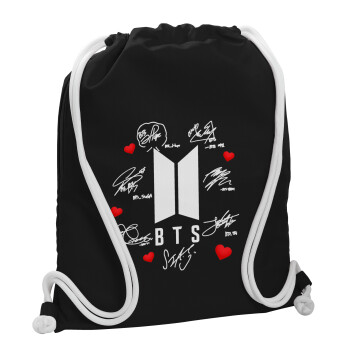 BTS signs, Backpack pouch GYMBAG Black, with pocket (40x48cm) & thick white cords