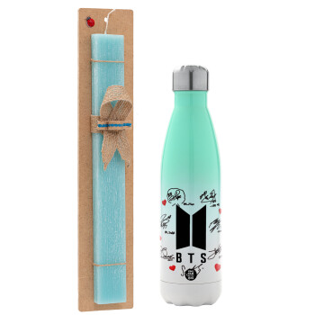 BTS signs, Easter Set, Metallic green/white thermos (Stainless steel), double-walled, 500ml & scented flat Easter candle (30cm) (TURQUOISE)