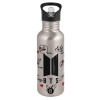 Water bottle Silver with straw, stainless steel 600ml