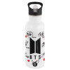 White water bottle with straw, stainless steel 600ml