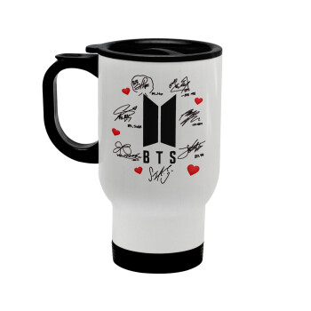 BTS signs, Stainless steel travel mug with lid, double wall white 450ml