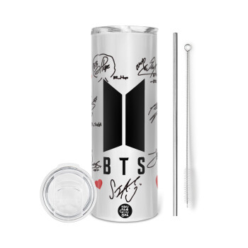 BTS signs, Tumbler ποτήρι θερμό από ανοξείδωτο ατσάλι 600ml, με μεταλλικό καλαμάκι & βούρτσα καθαρισμού