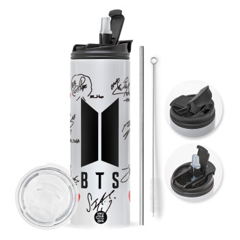 BTS signs, Travel Tumbler θερμό με διπλό καπάκι, μεταλλικό καλαμάκι και βούρτσα καθαρισμού (Ανωξείδωτο 304 Food grade, BPA free, 600ml)