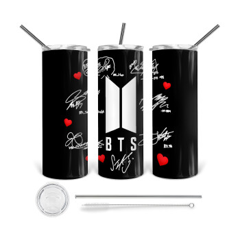 BTS signs, Tumbler ποτήρι θερμό από ανοξείδωτο ατσάλι 600ml, με μεταλλικό καλαμάκι & βούρτσα καθαρισμού